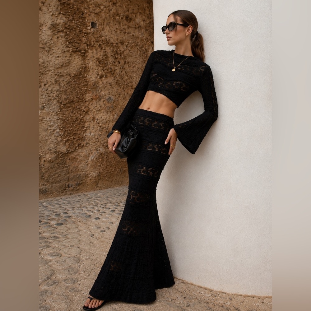 Charo Ruiz Ibiza Black Lace Maxi Skirt Resort Summer XS (shir yam)